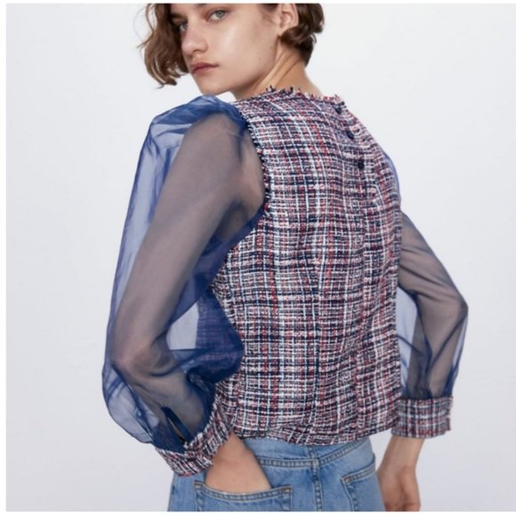 Zara Tweed Blue Red Organza Blouse Top - Picture 2 of 7
